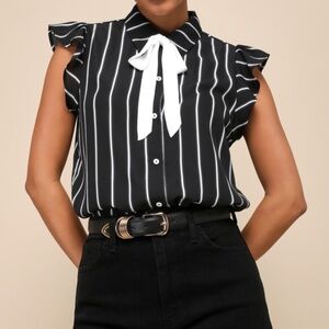 Lulus Burke White And Black Striped Tie-neck Top - Size M